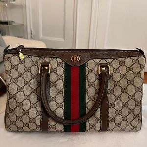 Vintage GUCCI Brown Sherry Ophidia GG PVC Leather Boston Hand Bag Purse tote